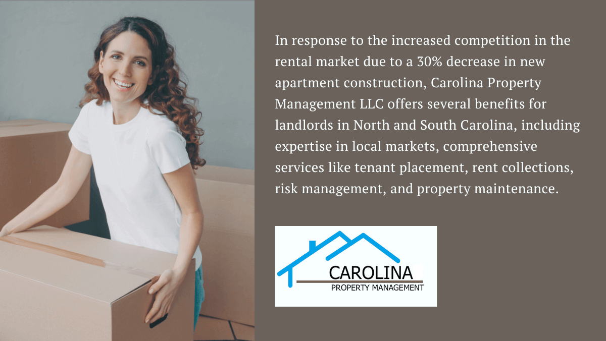 Quote showing how Carolinas Property Management LLC helps landlords with tenant placement, rent collection, and risk management amid a 30% drop in apartment construction.